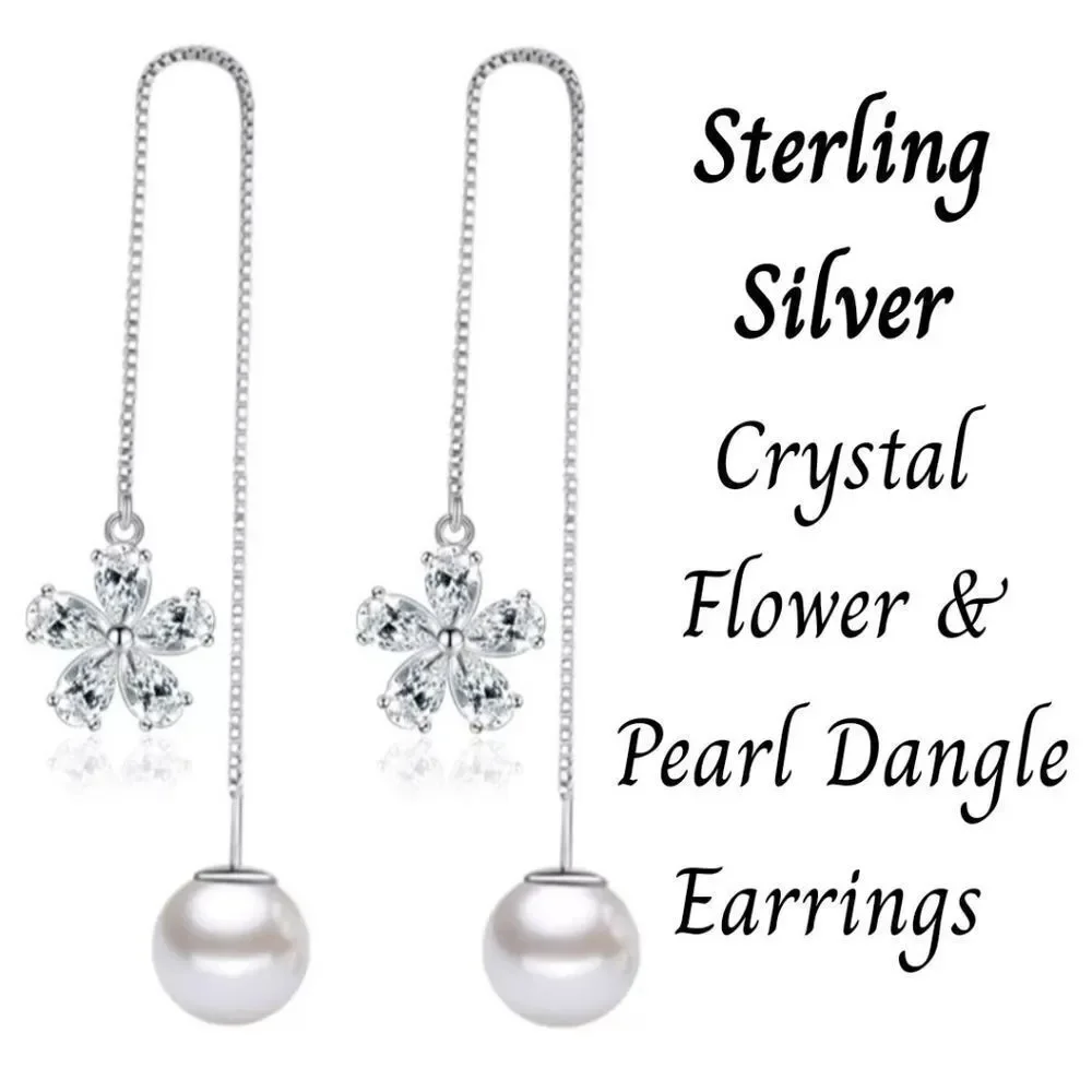 Sterling Silver Long Crystal Flower Pearl Dangle Earrings NEW